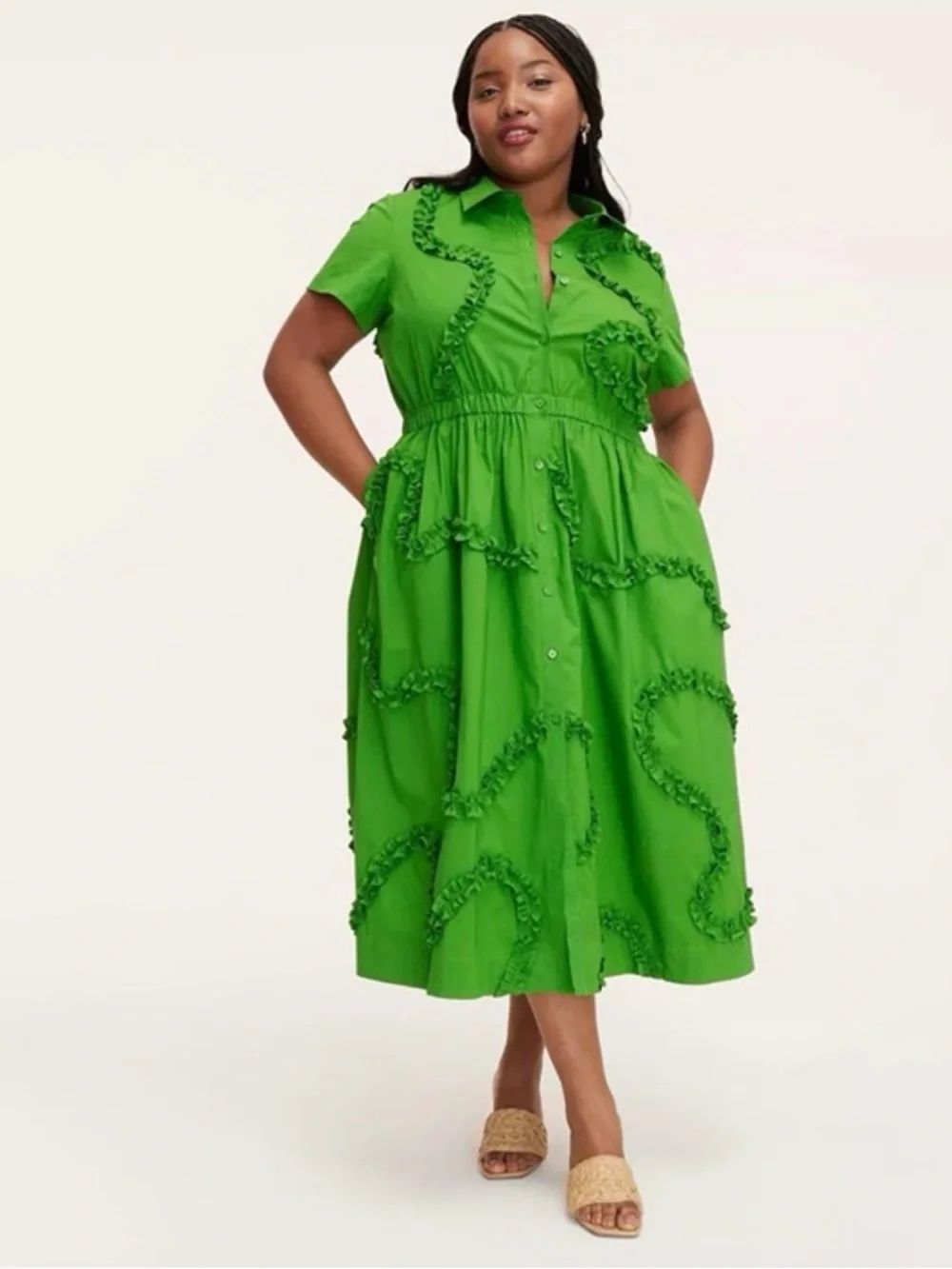 kate spade Bright Green Ruffle-Trim Midi Shirt Dress